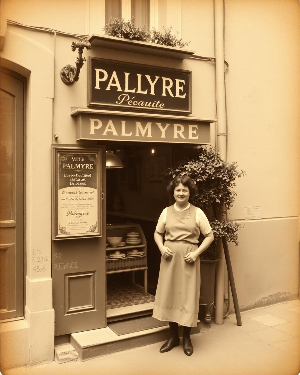 Palmyre Moni devant son restaurant en 1926
